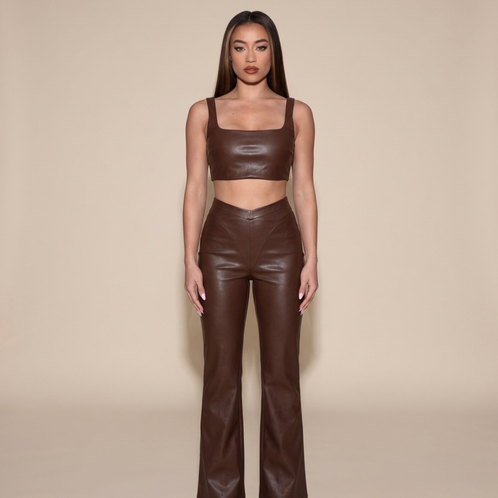 SKIMS Chocolate Brown Faux Leather Flare Pants & Crop Top